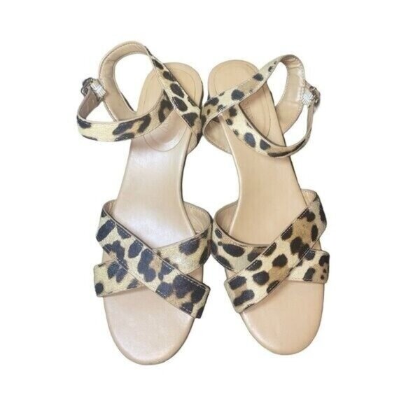 J.Crew Leopard Print Calf Hair Ankle Strap Low Block-Heel Sandals Size 8.5 - Picture 6 of 10